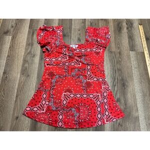 Stem Vine Shirt, Women's Size Small, Red Blue, Paisley, Short Sleeve